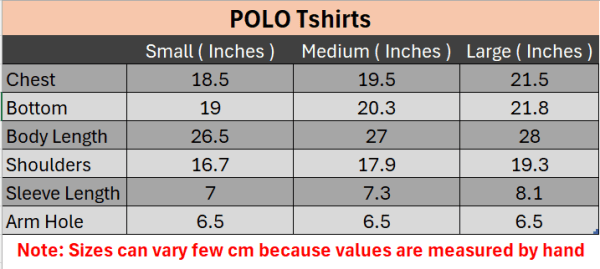 Polo T shirts Sizes