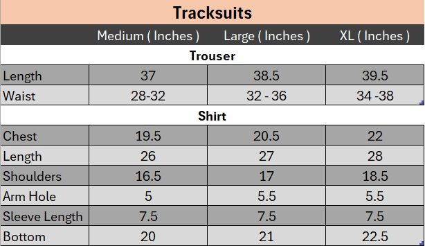 Tracksuits Sizes Guide